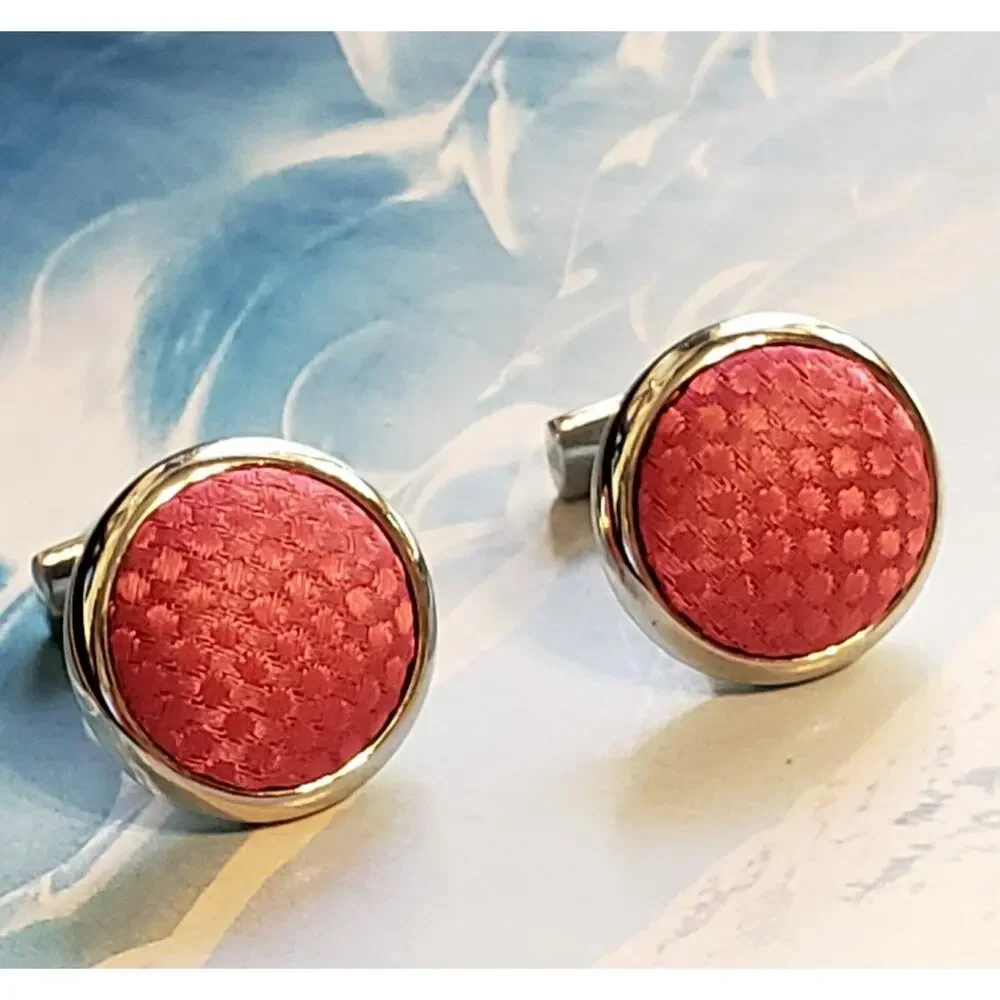 Pink Fabric Cuff Links Vintage Silver Tone Formal Cuff Links cl-